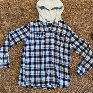 Blue/ Grey Flannel Button-up Hoodie Large